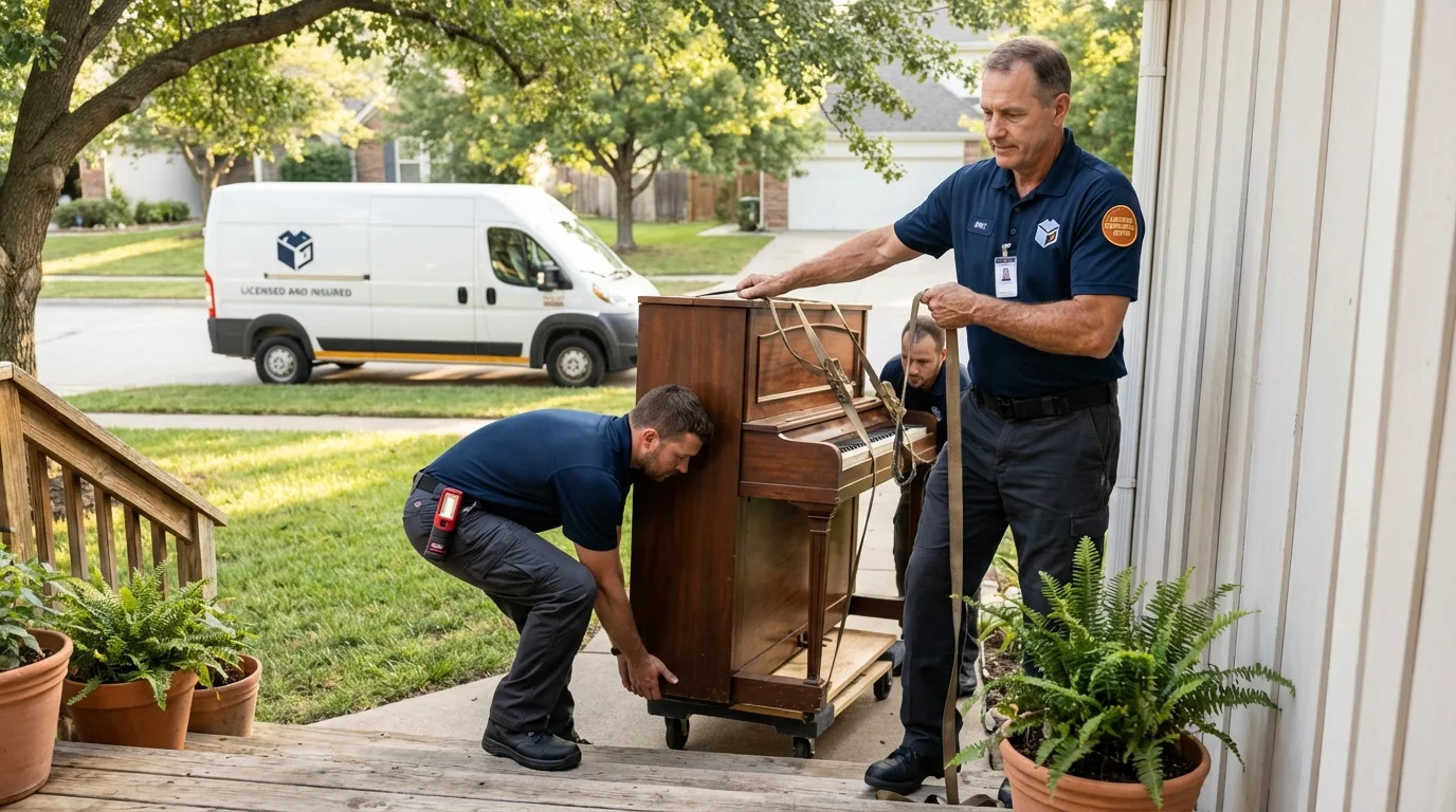 Licensed piano movers securing grand piano in Haymarket, VA