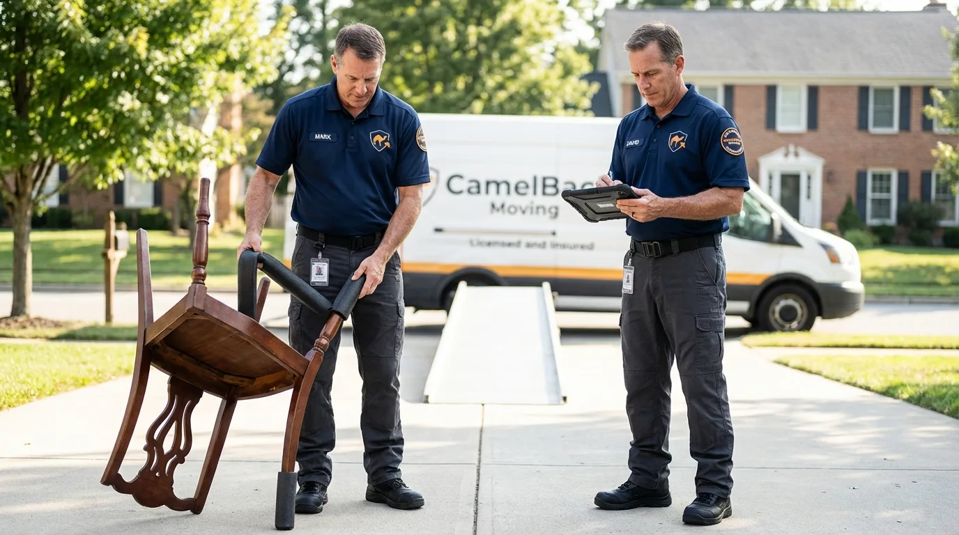 Movers inspecting furniture for damage prevention before loading in Haymarket, VA