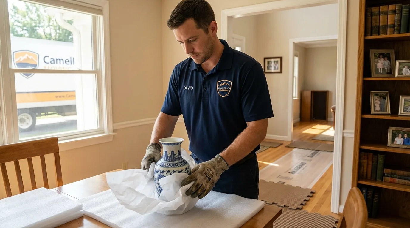 Professional crew carefully wrapping antique vase for senior downsizing move in Haymarket, VA